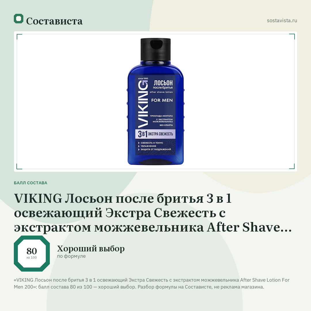 VIKING Лосьон после бритья 3 в 1 освежающий Экстра Свежесть с экстрактом можжевельника After Shave Lotion For Men 200: балл состава 80 из 100 — Состависта