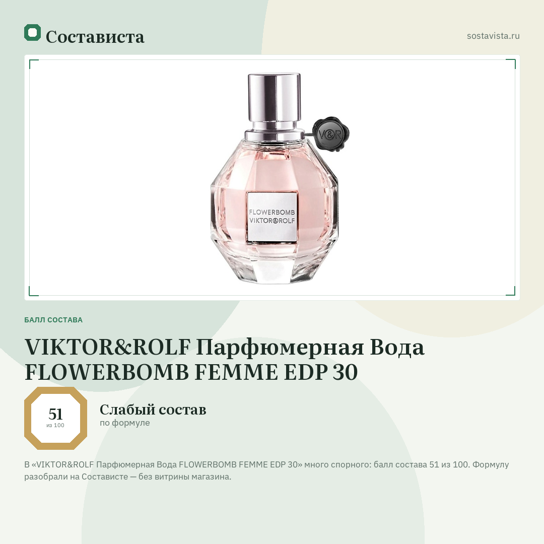 VIKTOR&ROLF Парфюмерная Вода FLOWERBOMB FEMME EDP 30: балл состава 51 из 100 — Состависта