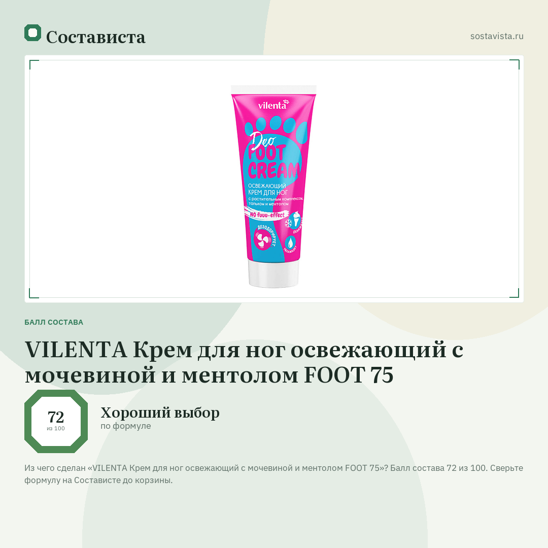 VILENTA Крем для ног освежающий с мочевиной и ментолом FOOT 75: балл состава 72 из 100 — Состависта