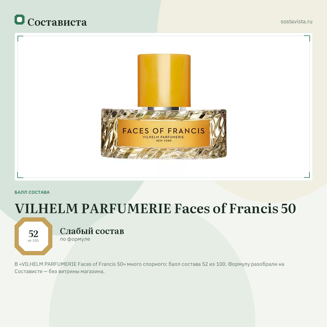 VILHELM PARFUMERIE Faces of Francis 50: балл состава 52 из 100 — Состависта