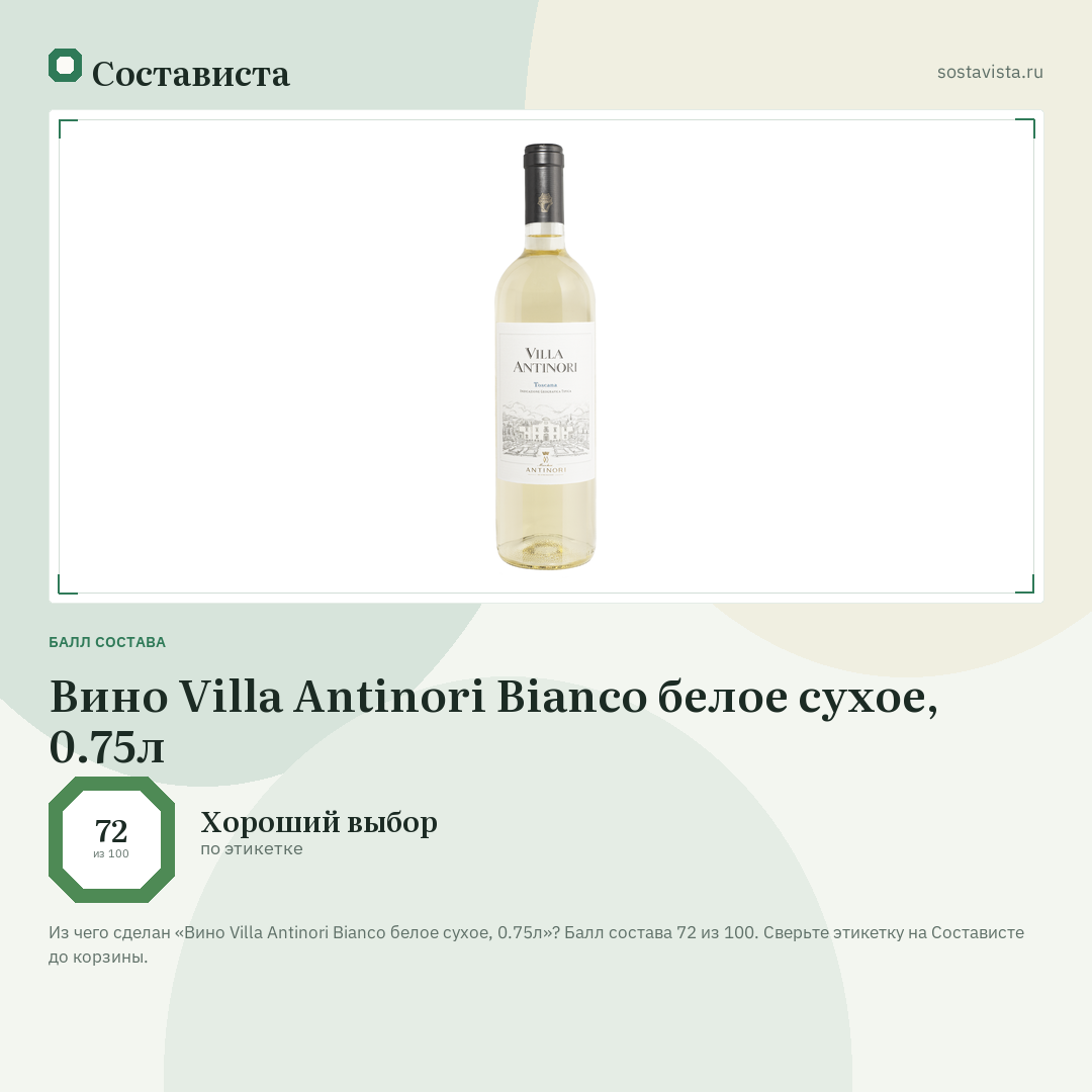 Вино Villa Antinori Bianco белое сухое, 0.75л: балл состава 72 из 100 — Состависта