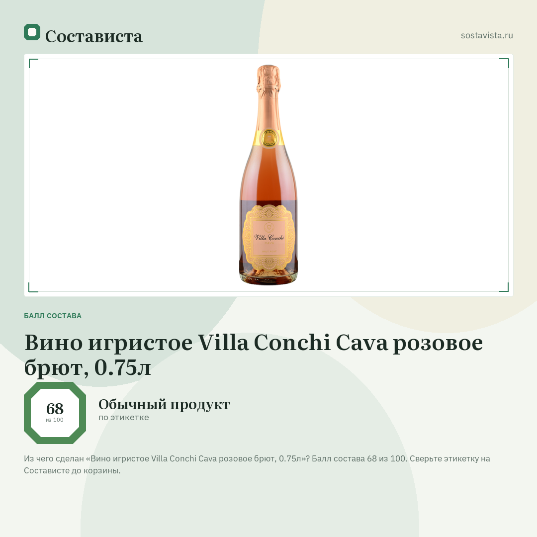Вино игристое Villa Conchi Cava розовое брют, 0.75л: балл состава 68 из 100 — Состависта