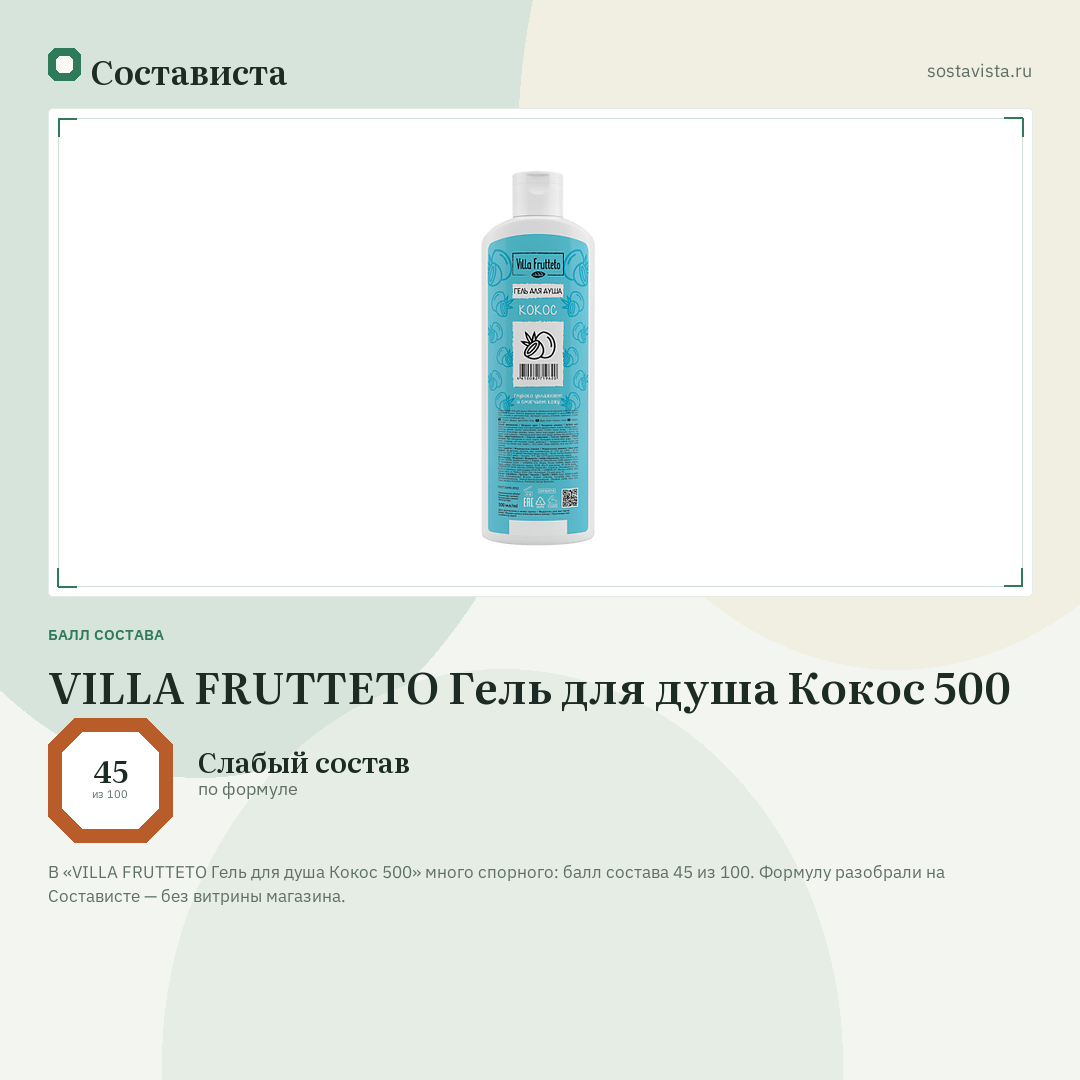 VILLA FRUTTETO Гель для душа Кокос 500: балл состава 45 из 100 — Состависта