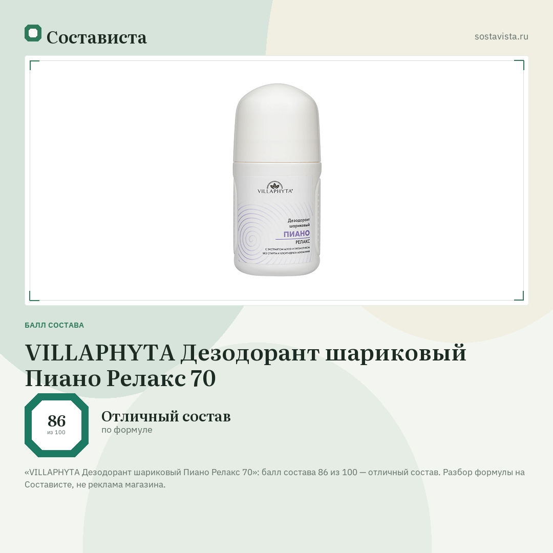 VILLAPHYTA Дезодорант шариковый Пиано Релакс 70: балл состава 86 из 100 — Состависта