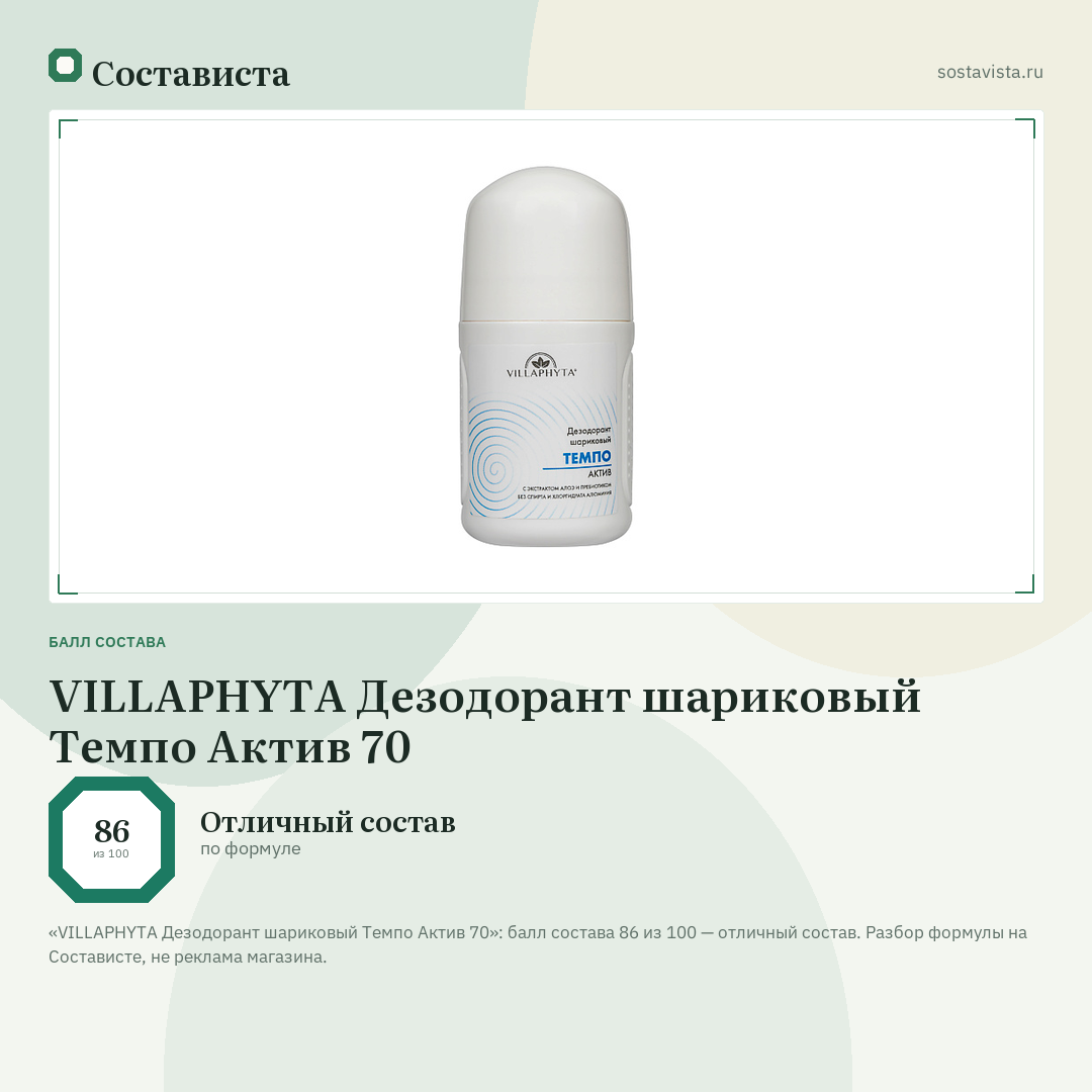 VILLAPHYTA Дезодорант шариковый Темпо Актив 70: балл состава 86 из 100 — Состависта