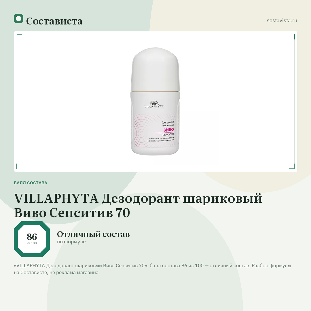 VILLAPHYTA Дезодорант шариковый Виво Сенситив 70: балл состава 86 из 100 — Состависта