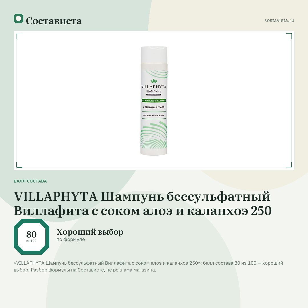 VILLAPHYTA Шампунь бессульфатный Виллафита с соком алоэ и каланхоэ 250: балл состава 80 из 100 — Состависта