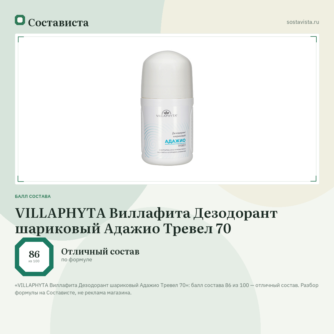 VILLAPHYTA Виллафита Дезодорант шариковый Адажио Тревел 70: балл состава 86 из 100 — Состависта