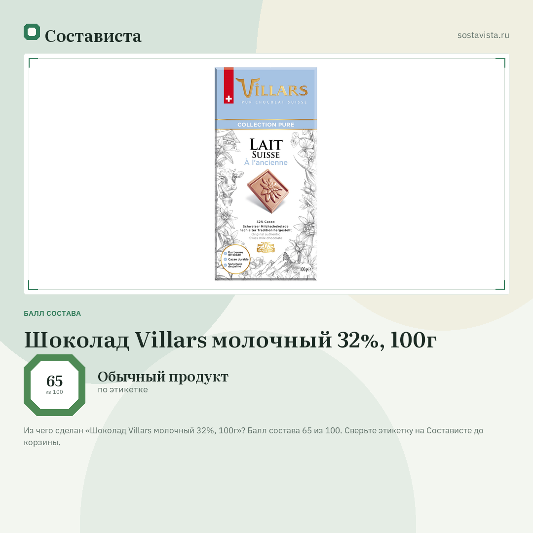 Шоколад Villars молочный 32%, 100г: балл состава 65 из 100 — Состависта