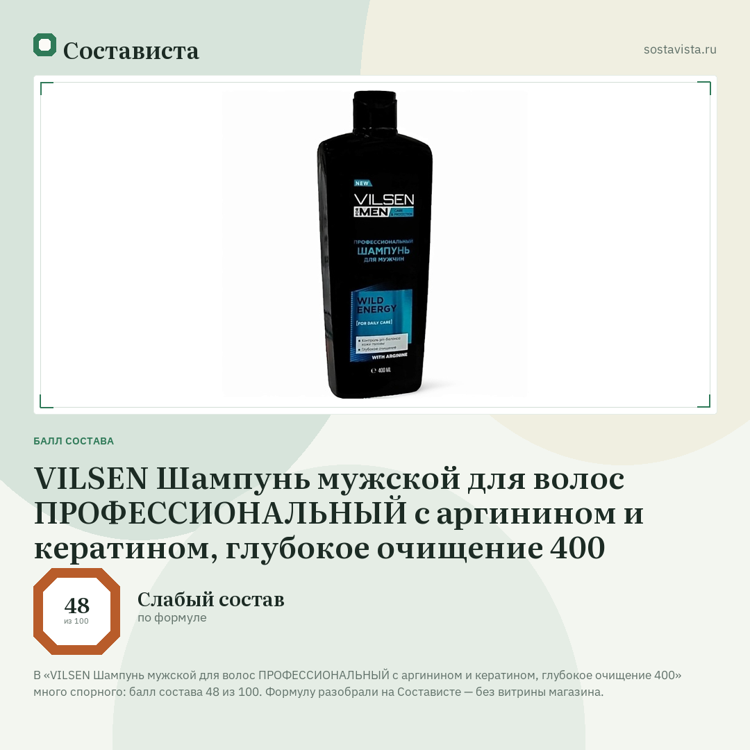 VILSEN Шампунь мужской для волос ПРОФЕССИОНАЛЬНЫЙ с аргинином и кератином, глубокое очищение 400: балл состава 48 из 100 — Состависта