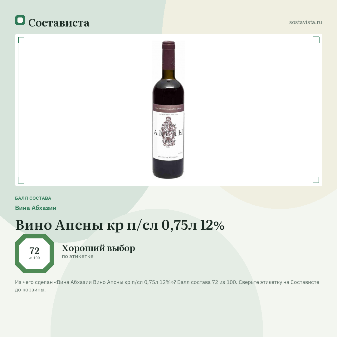 Вина Абхазии Вино Апсны кр п/сл 0,75л 12%: балл состава 72 из 100 — Состависта