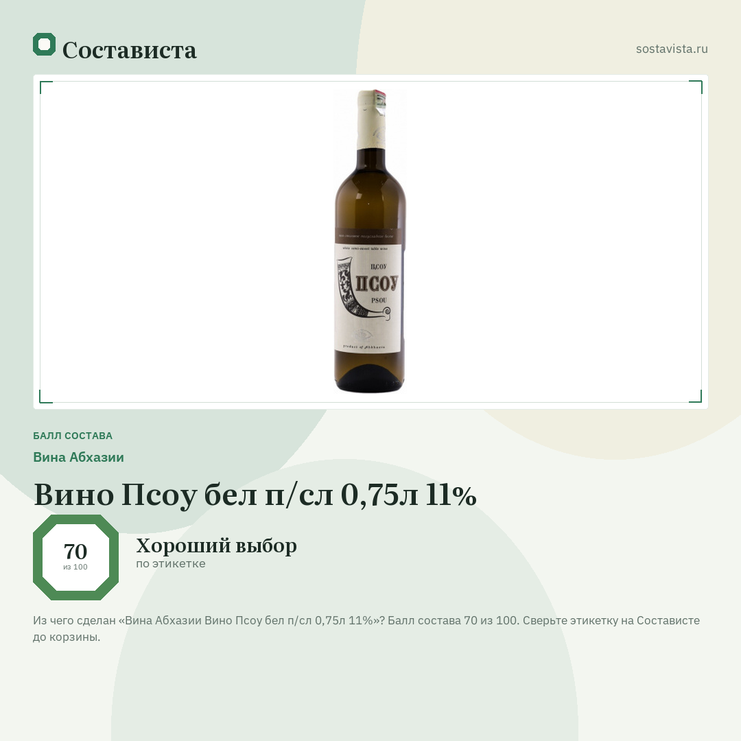 Вина Абхазии Вино Псоу бел п/сл 0,75л 11%: балл состава 70 из 100 — Состависта