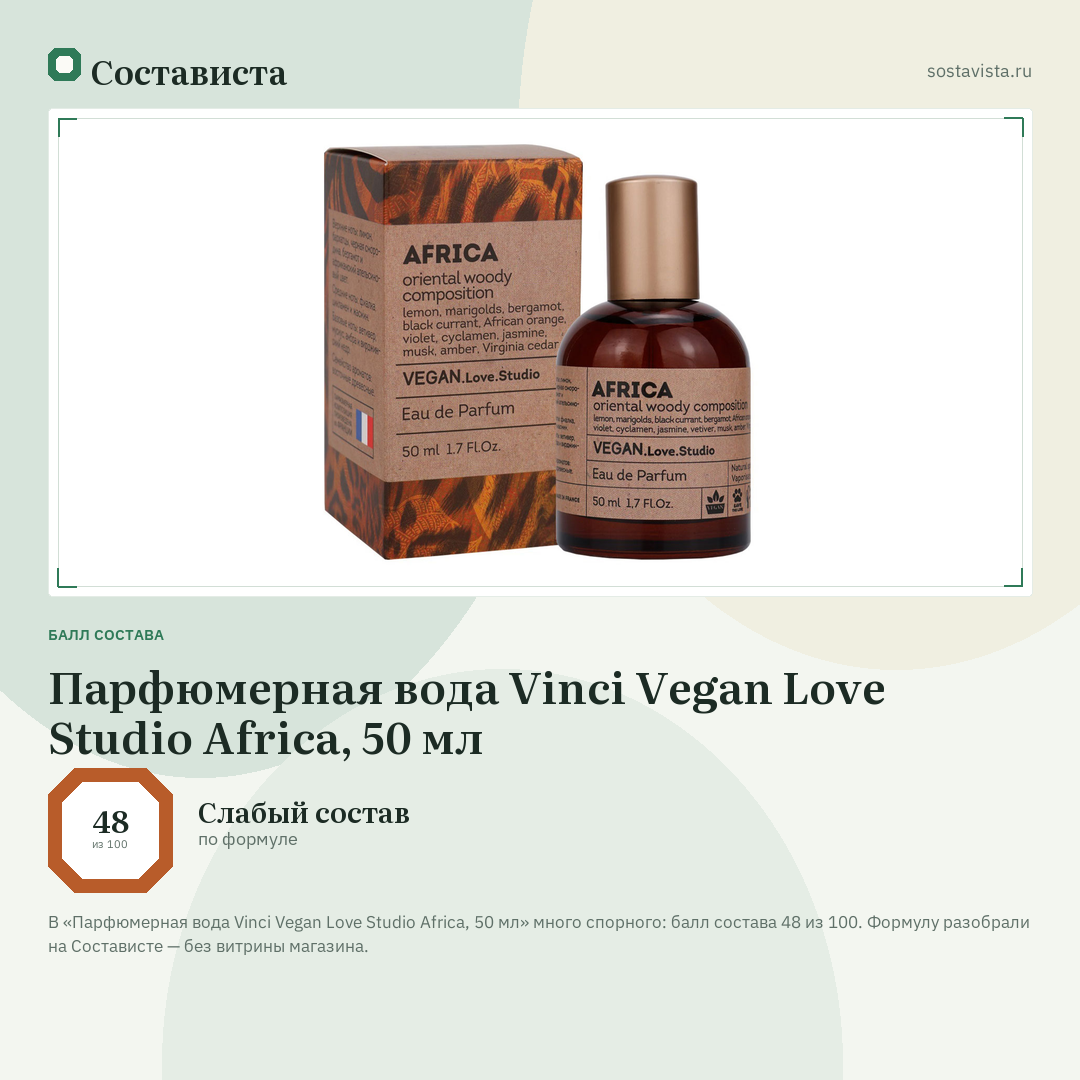 Парфюмерная вода Vinci Vegan Love Studio Africa, 50 мл: балл состава 48 из 100 — Состависта