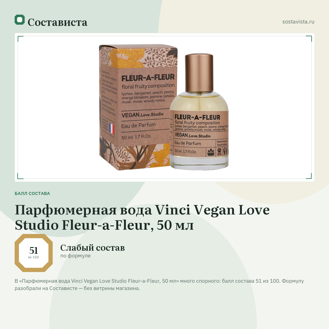 Парфюмерная вода Vinci Vegan Love Studio Fleur-a-Fleur, 50 мл: балл состава 51 из 100 — Состависта
