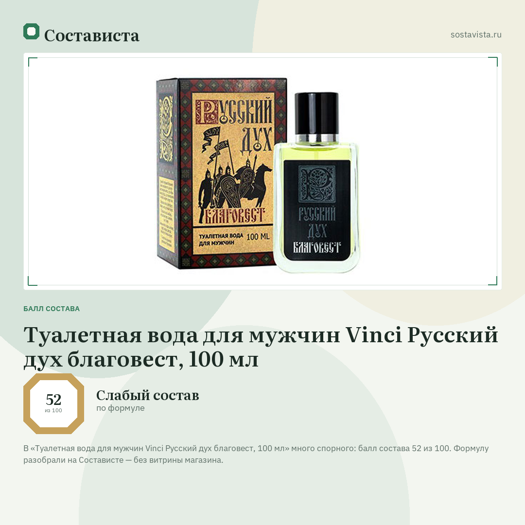 Туалетная вода для мужчин Vinci Русский дух благовест, 100 мл: балл состава 52 из 100 — Состависта
