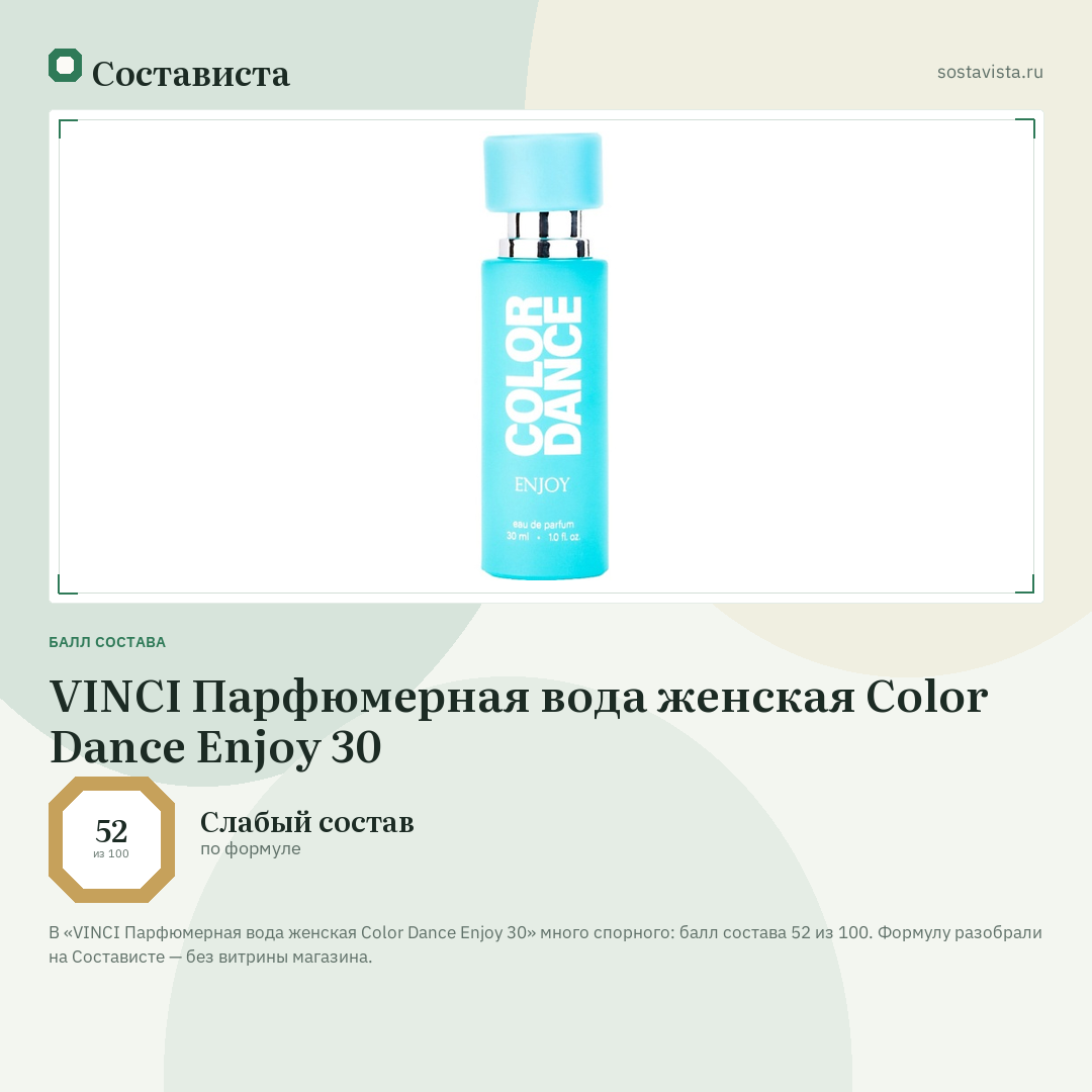 VINCI Парфюмерная вода женская Color Dance Enjoy 30: балл состава 52 из 100 — Состависта