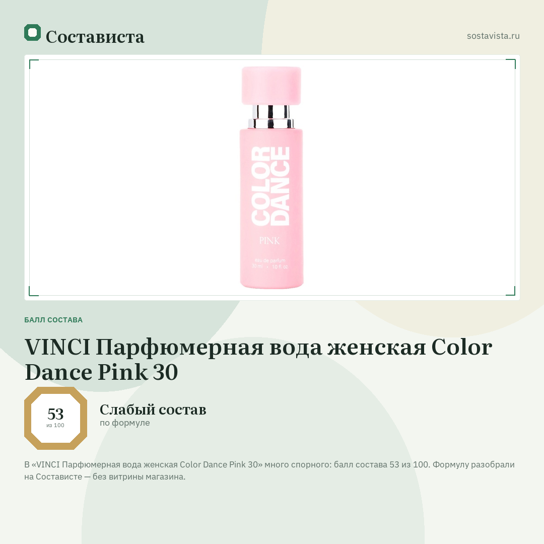 VINCI Парфюмерная вода женская Color Dance Pink 30: балл состава 53 из 100 — Состависта