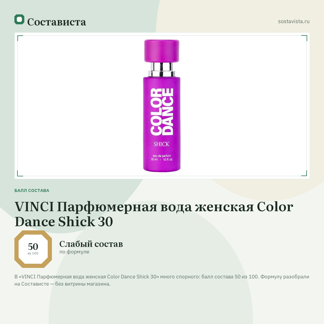 VINCI Парфюмерная вода женская Color Dance Shick 30: балл состава 50 из 100 — Состависта