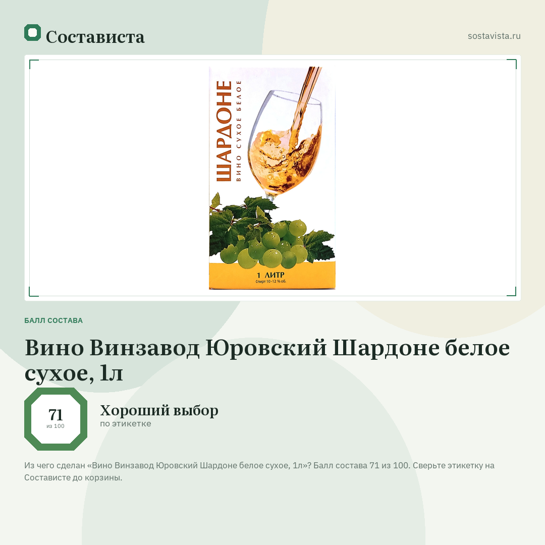 Вино Винзавод Юровский Шардоне белое сухое, 1л: балл состава 71 из 100 — Состависта