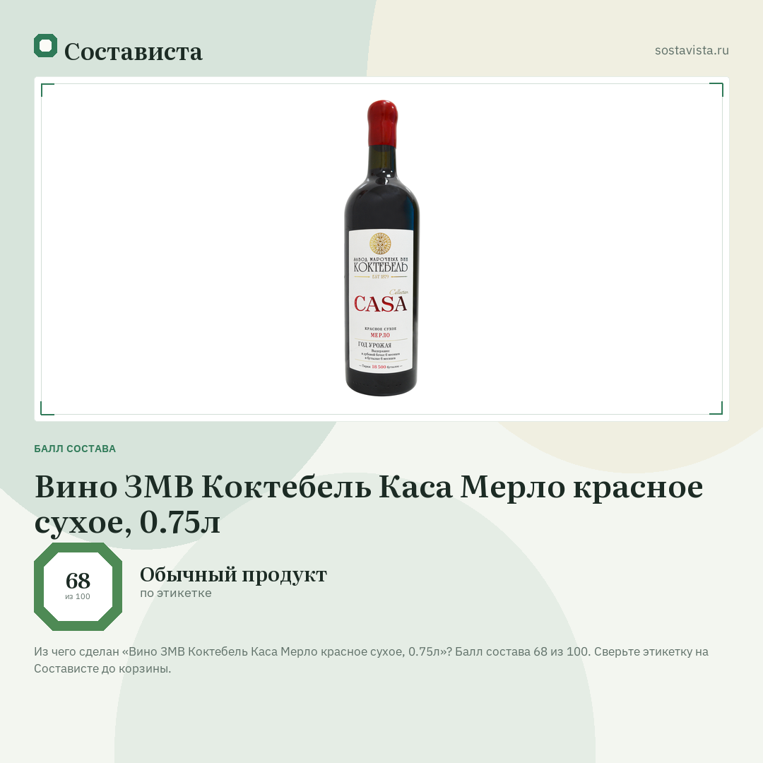 Вино ЗМВ Коктебель Каса Мерло красное сухое, 0.75л: балл состава 68 из 100 — Состависта