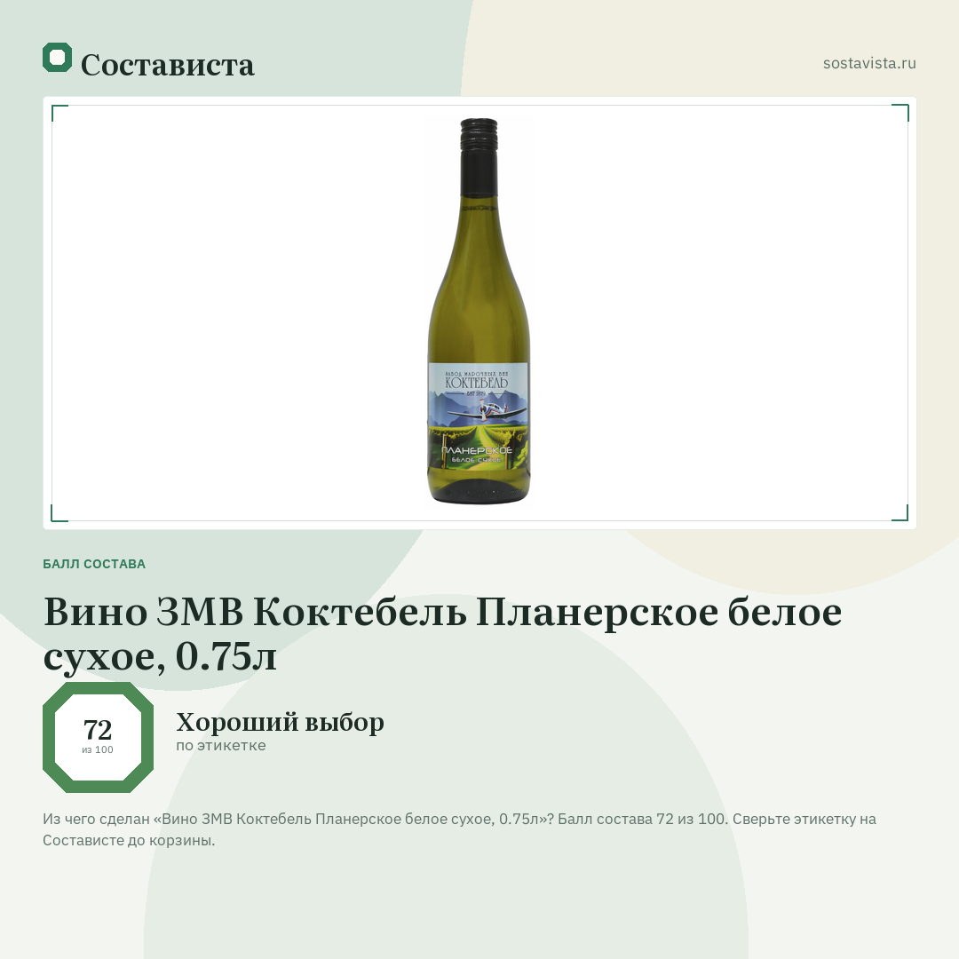 Вино ЗМВ Коктебель Планерское белое сухое, 0.75л: балл состава 72 из 100 — Состависта