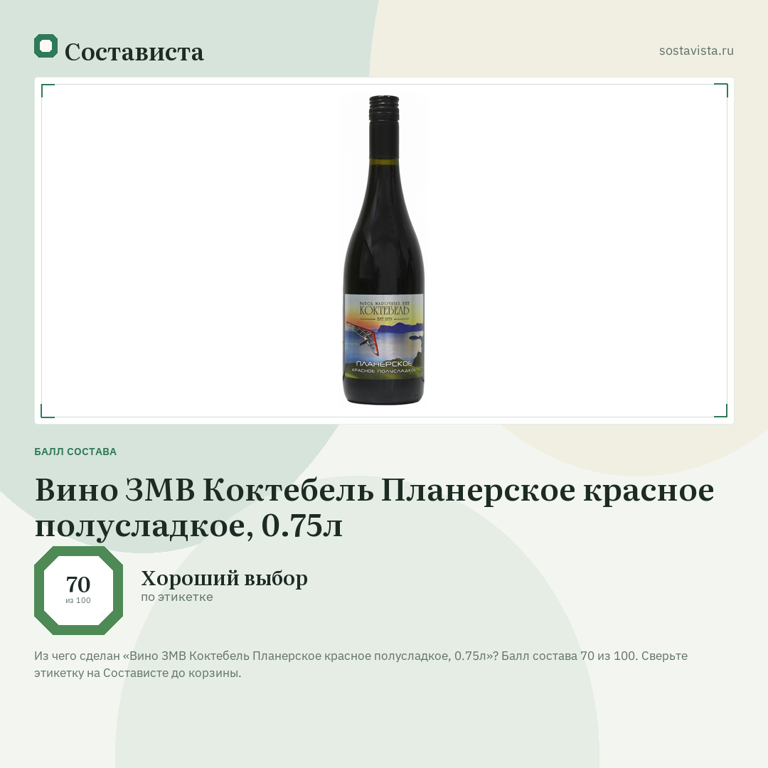 Вино ЗМВ Коктебель Планерское красное полусладкое, 0.75л: балл состава 70 из 100 — Состависта