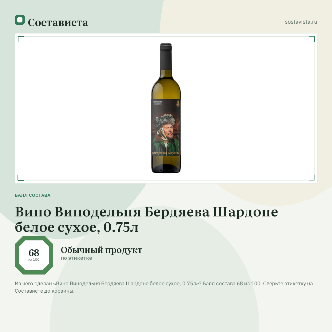 Вино Винодельня Бердяева Шардоне белое сухое, 0.75л: балл состава 68 из 100 — Состависта