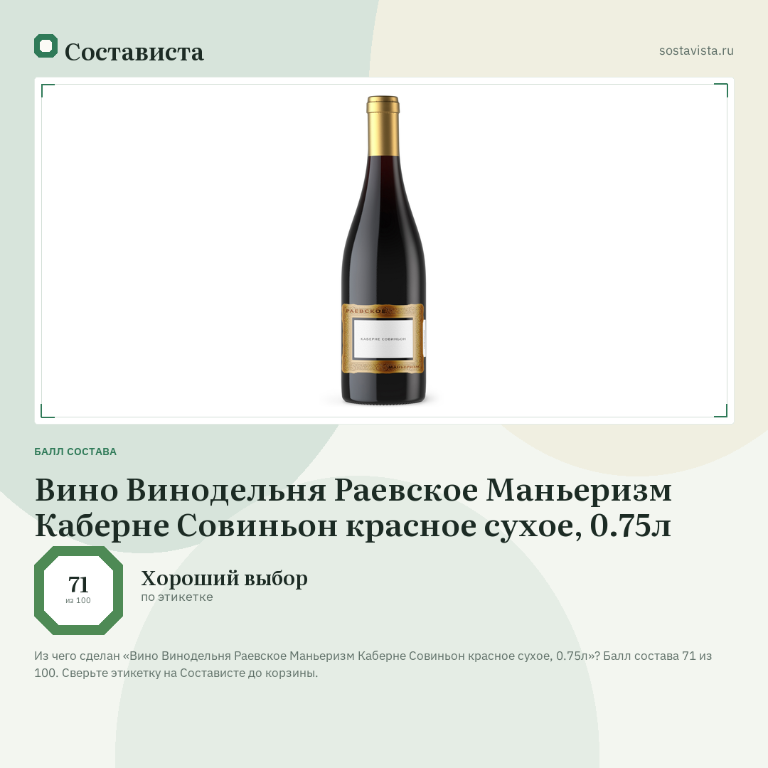 Вино Винодельня Раевское Маньеризм Каберне Совиньон красное сухое, 0.75л: балл состава 71 из 100 — Состависта