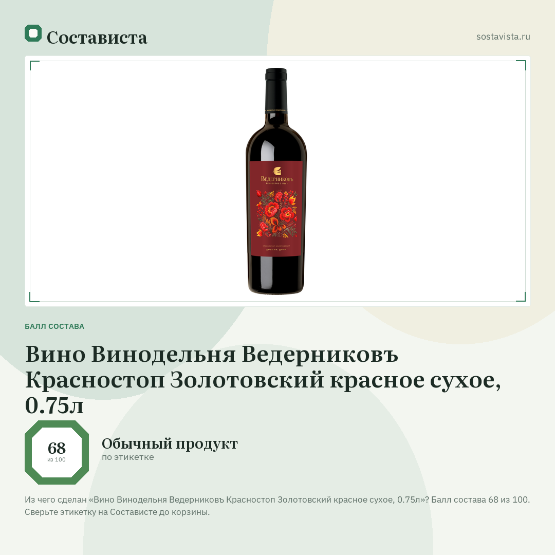Вино Винодельня Ведерниковъ Красностоп Золотовский красное сухое, 0.75л: балл состава 68 из 100 — Состависта