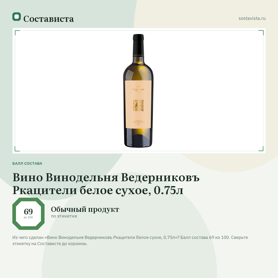Вино Винодельня Ведерниковъ Ркацители белое сухое, 0.75л: балл состава 69 из 100 — Состависта