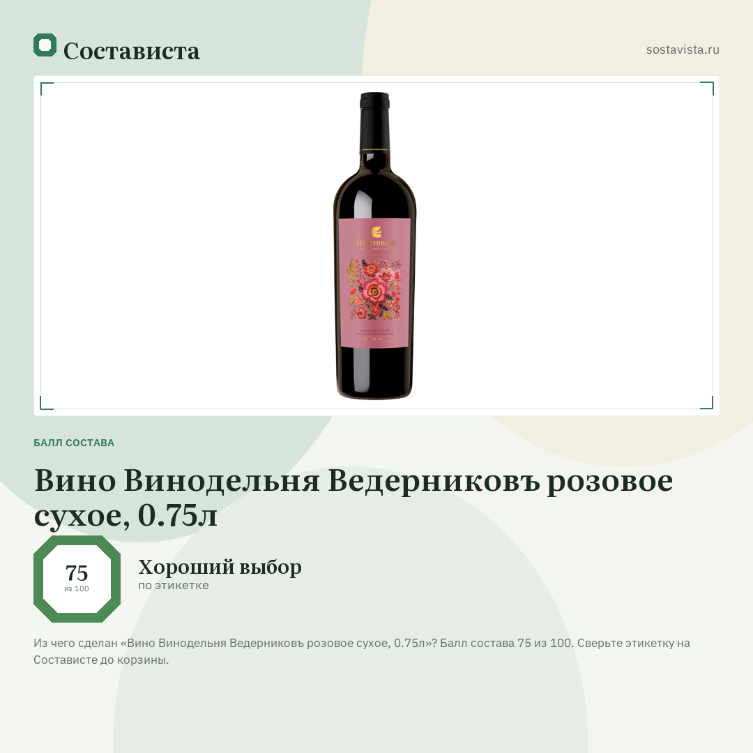 Вино Винодельня Ведерниковъ розовое сухое, 0.75л: балл состава 75 из 100 — Состависта