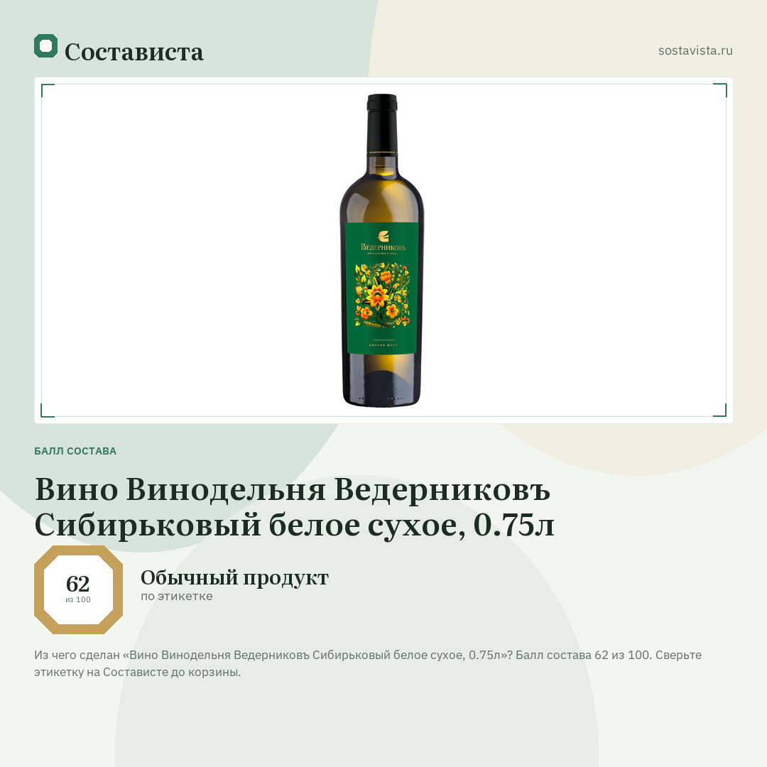 Вино Винодельня Ведерниковъ Сибирьковый белое сухое, 0.75л: балл состава 62 из 100 — Состависта
