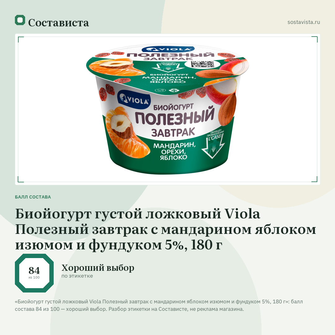 Биойогурт густой ложковый Viola Полезный завтрак с мандарином яблоком изюмом и фундуком 5%, 180 г: балл состава 84 из 100 — Состависта