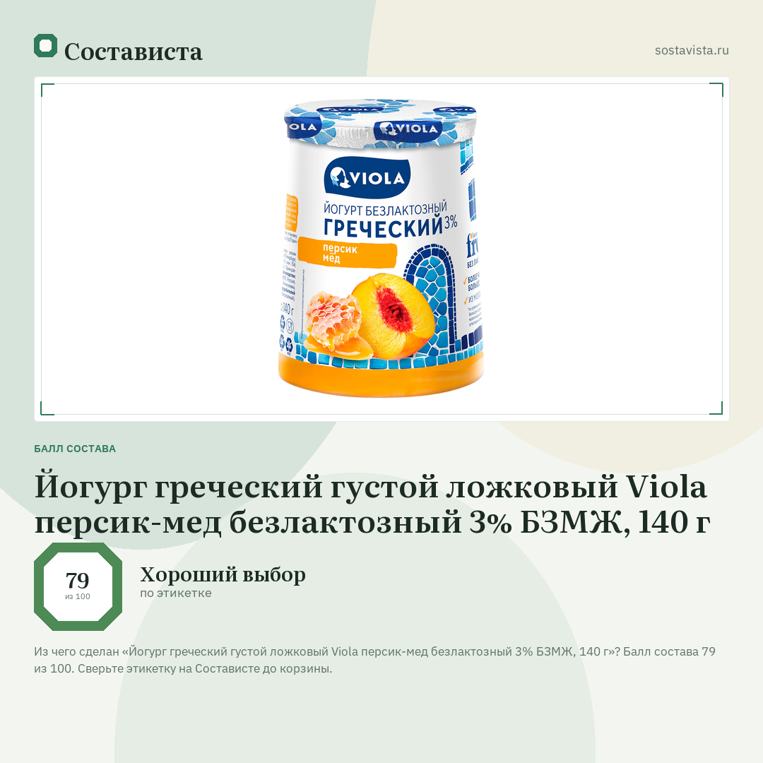 Йогург греческий густой ложковый Viola персик-мед безлактозный 3% БЗМЖ, 140 г: балл состава 79 из 100 — Состависта