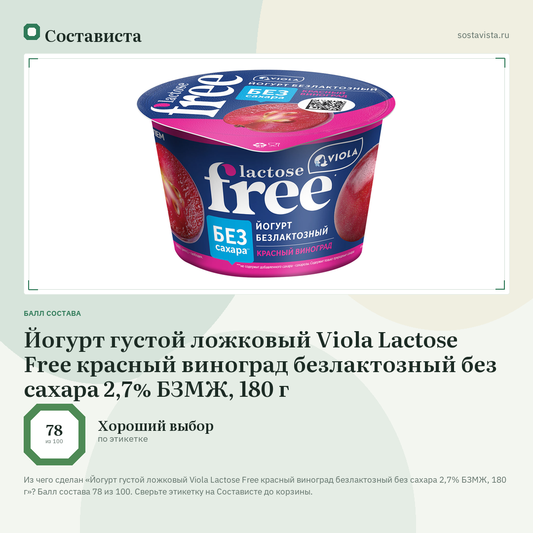 Йогурт густой ложковый Viola Lactose Free красный виноград безлактозный без сахара 2,7% БЗМЖ, 180 г: балл состава 78 из 100 — Состависта