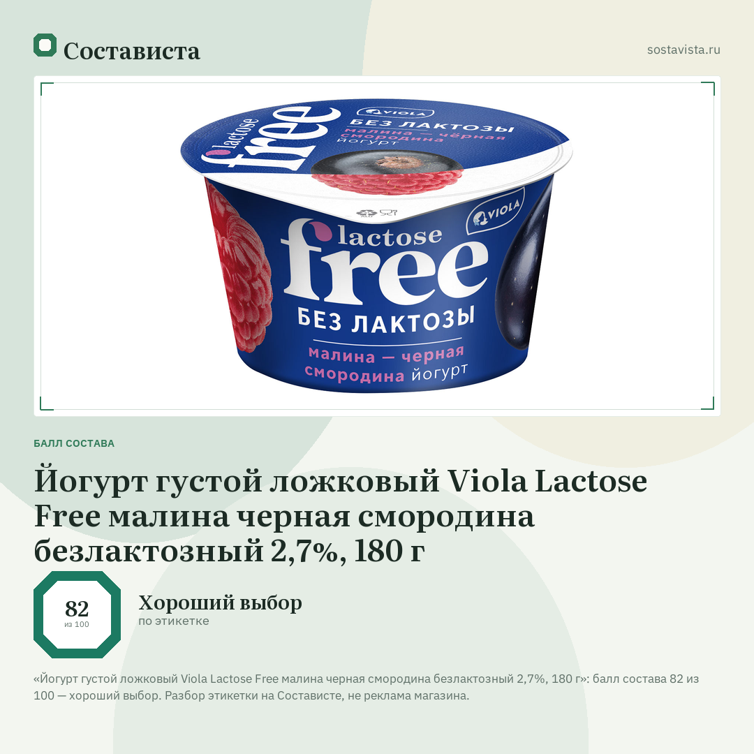 Йогурт густой ложковый Viola Lactose Free малина черная смородина безлактозный 2,7%, 180 г: балл состава 82 из 100 — Состависта
