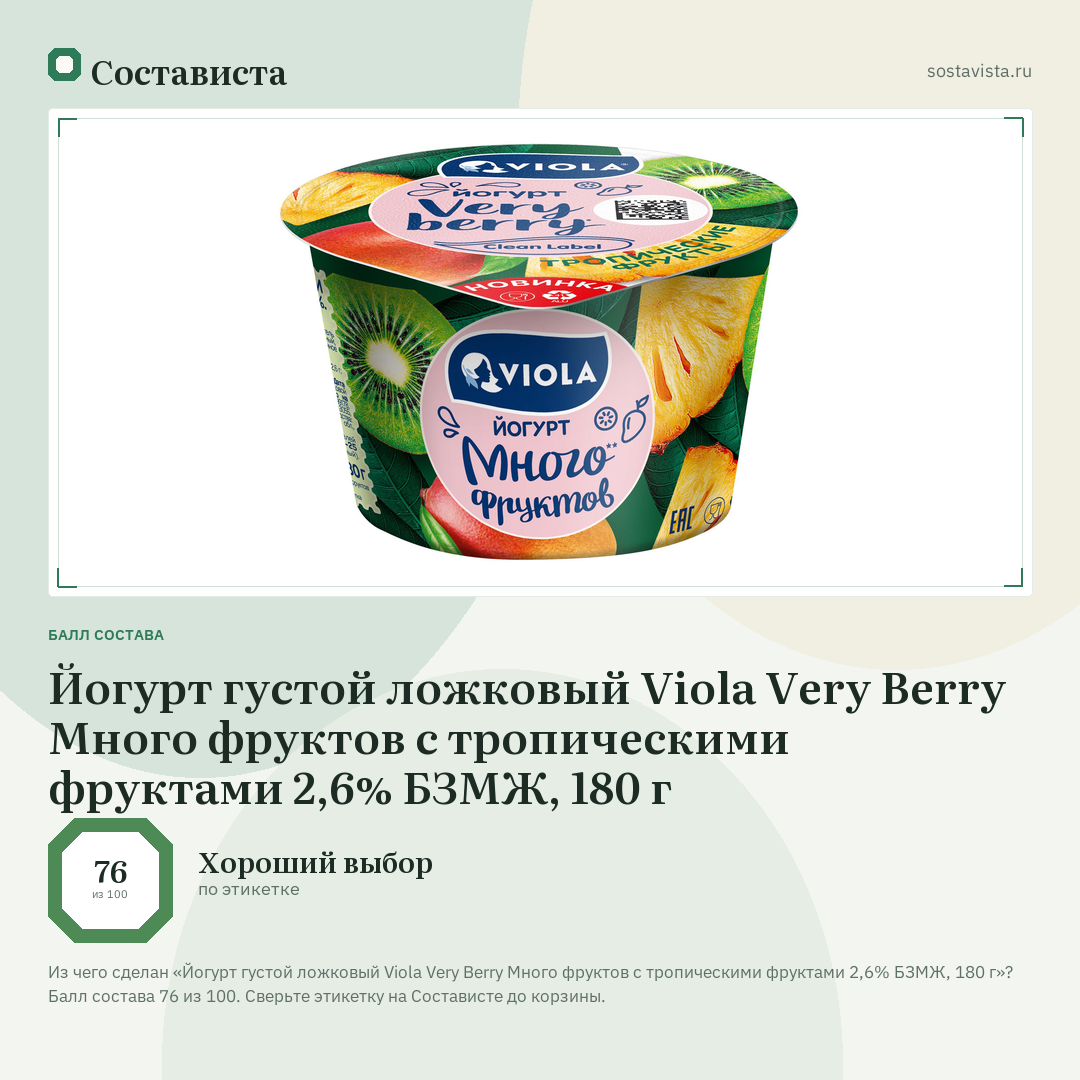 Йогурт густой ложковый Viola Very Berry Много фруктов с тропическими фруктами 2,6% БЗМЖ, 180 г: балл состава 76 из 100 — Состависта