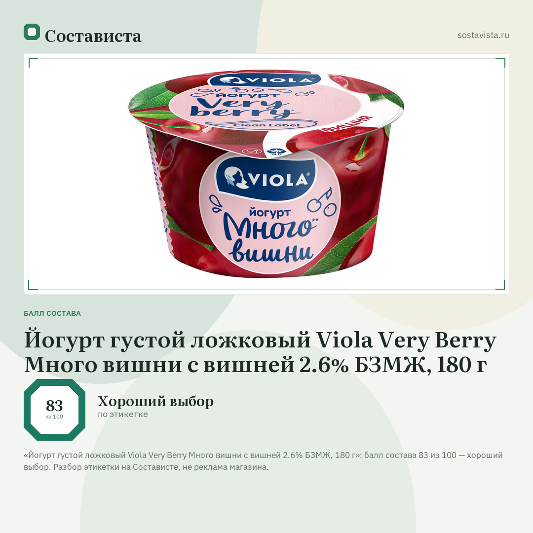 Йогурт густой ложковый Viola Very Berry Много вишни c вишней 2.6% БЗМЖ, 180 г: балл состава 83 из 100 — Состависта