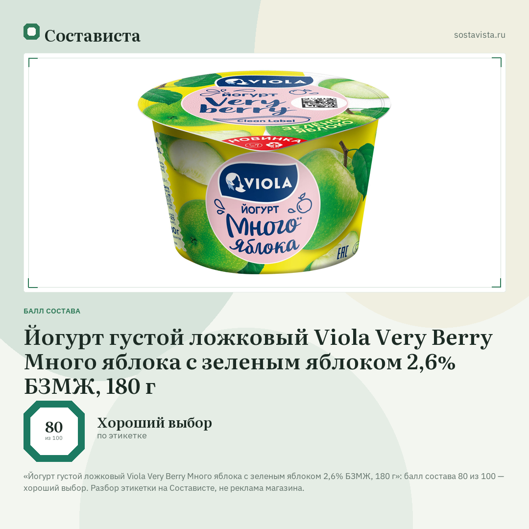 Йогурт густой ложковый Viola Very Berry Много яблока с зеленым яблоком 2,6% БЗМЖ, 180 г: балл состава 80 из 100 — Состависта