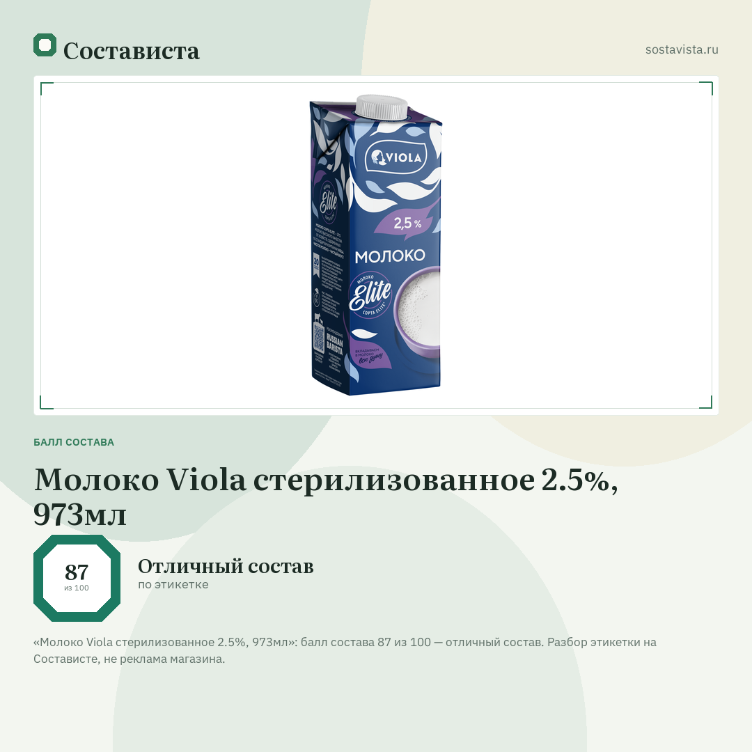 Молоко Viola стерилизованное 2.5%, 973мл: балл состава 87 из 100 — Состависта