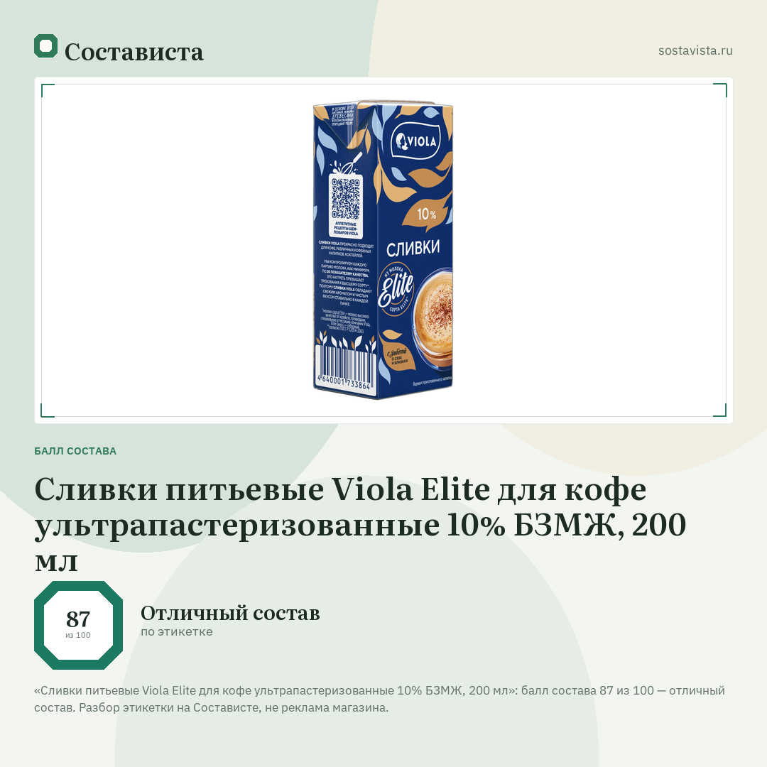 Сливки питьевые Viola Elite для кофе ультрапастеризованные 10% БЗМЖ, 200 мл: балл состава 87 из 100 — Состависта
