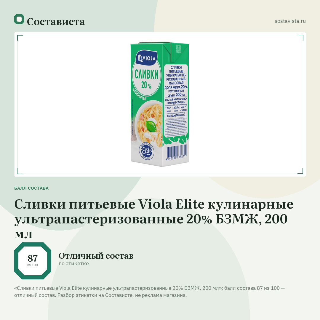 Сливки питьевые Viola Elite кулинарные ультрапастеризованные 20% БЗМЖ, 200 мл: балл состава 87 из 100 — Состависта