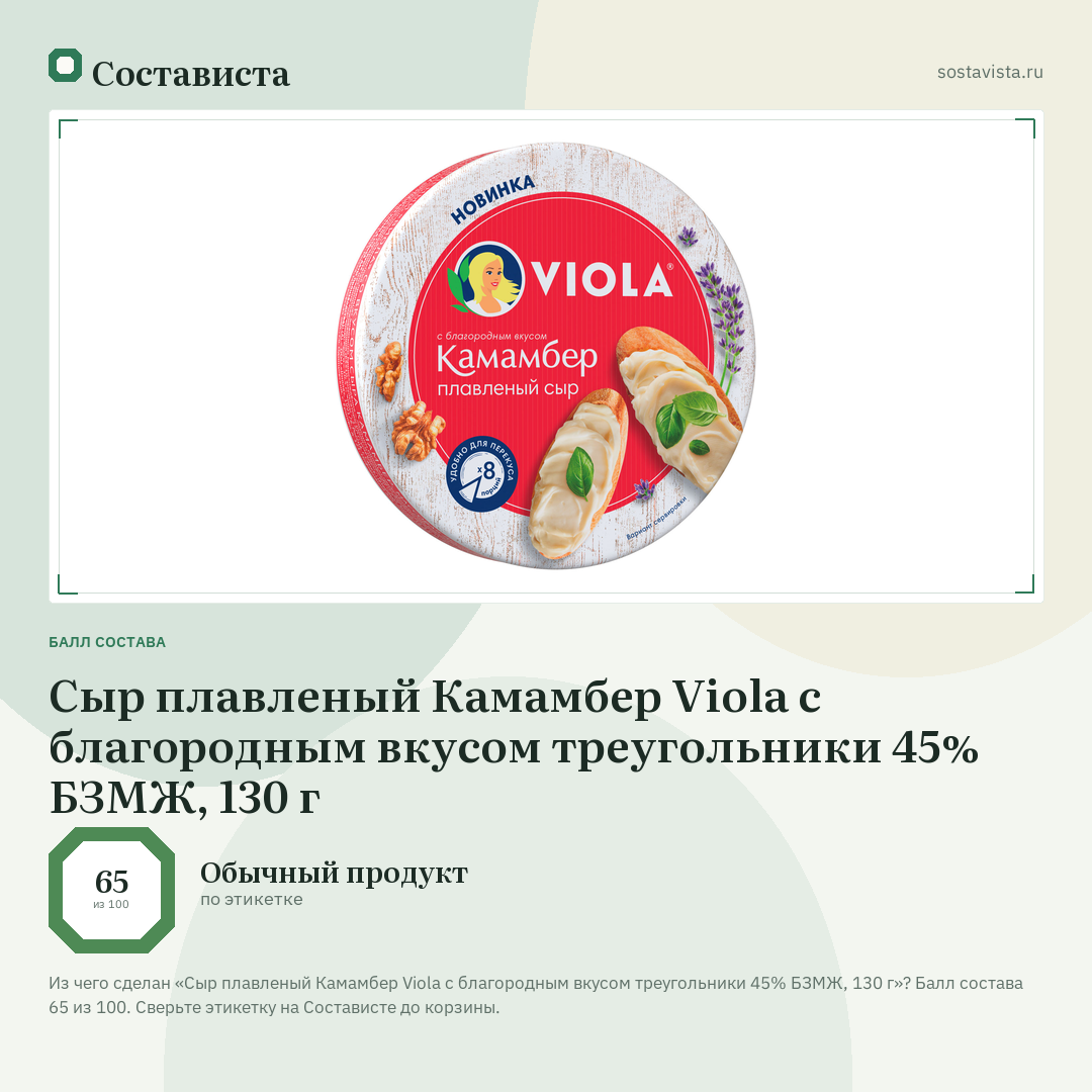 Сыр плавленый Камамбер Viola с благородным вкусом треугольники 45% БЗМЖ, 130 г: балл состава 65 из 100 — Состависта
