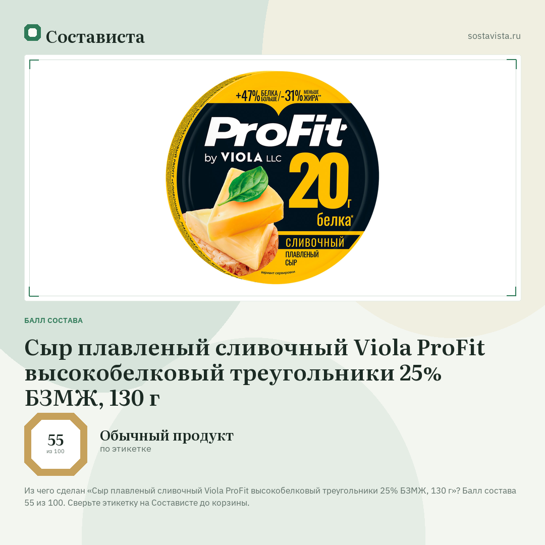 Сыр плавленый сливочный Viola ProFit высокобелковый треугольники 25% БЗМЖ, 130 г: балл состава 55 из 100 — Состависта