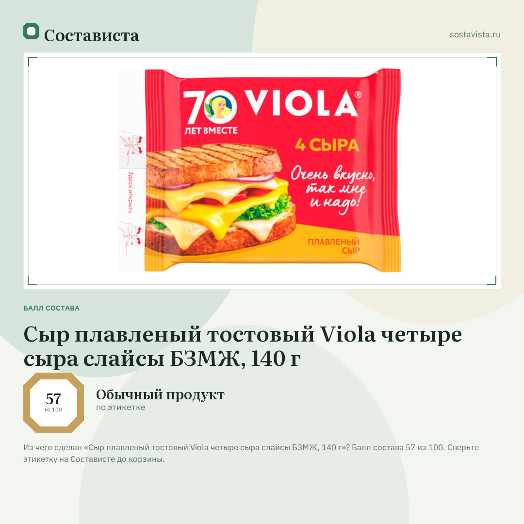 Сыр плавленый тостовый Viola четыре сыра слайсы БЗМЖ, 140 г: балл состава 57 из 100 — Состависта