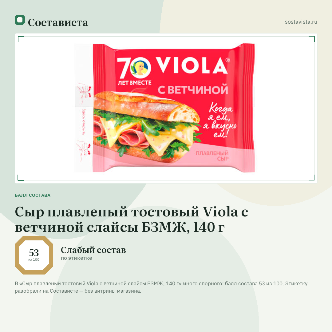 Сыр плавленый тостовый Viola с ветчиной слайсы БЗМЖ, 140 г: балл состава 53 из 100 — Состависта