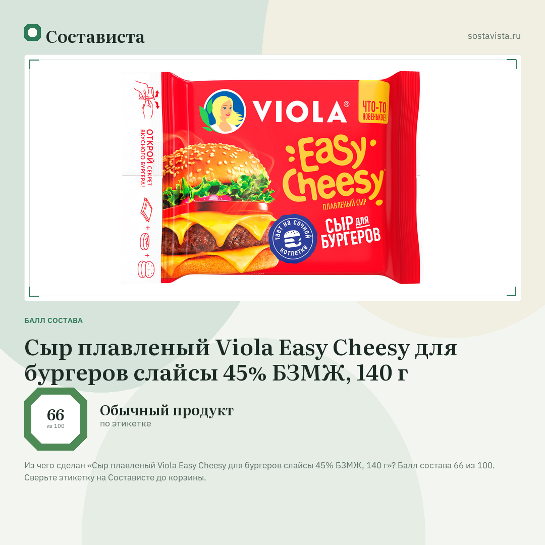Сыр плавленый Viola Easy Cheesy для бургеров слайсы 45% БЗМЖ, 140 г: балл состава 66 из 100 — Состависта