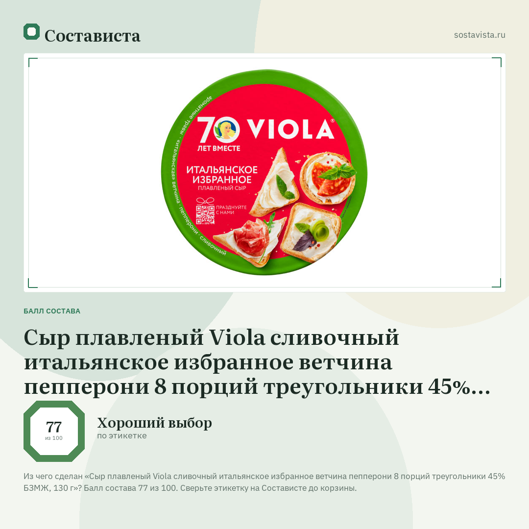 Сыр плавленый Viola сливочный итальянское избранное ветчина пепперони 8 порций треугольники 45% БЗМЖ, 130 г: балл состава 77 из 100 — Состависта