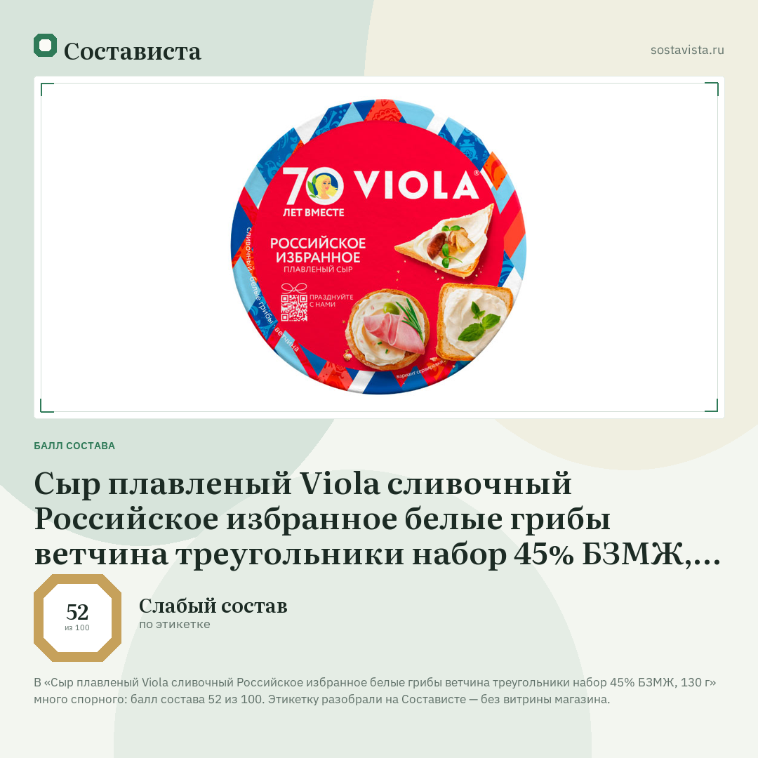 Сыр плавленый Viola сливочный Российское избранное белые грибы ветчина треугольники набор 45% БЗМЖ, 130 г: балл состава 52 из 100 — Состависта