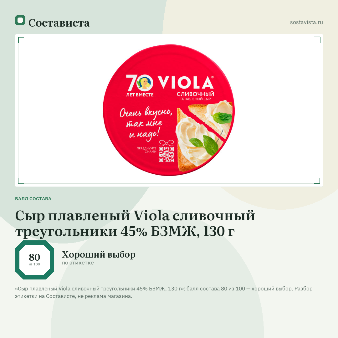 Сыр плавленый Viola сливочный треугольники 45% БЗМЖ, 130 г: балл состава 80 из 100 — Состависта